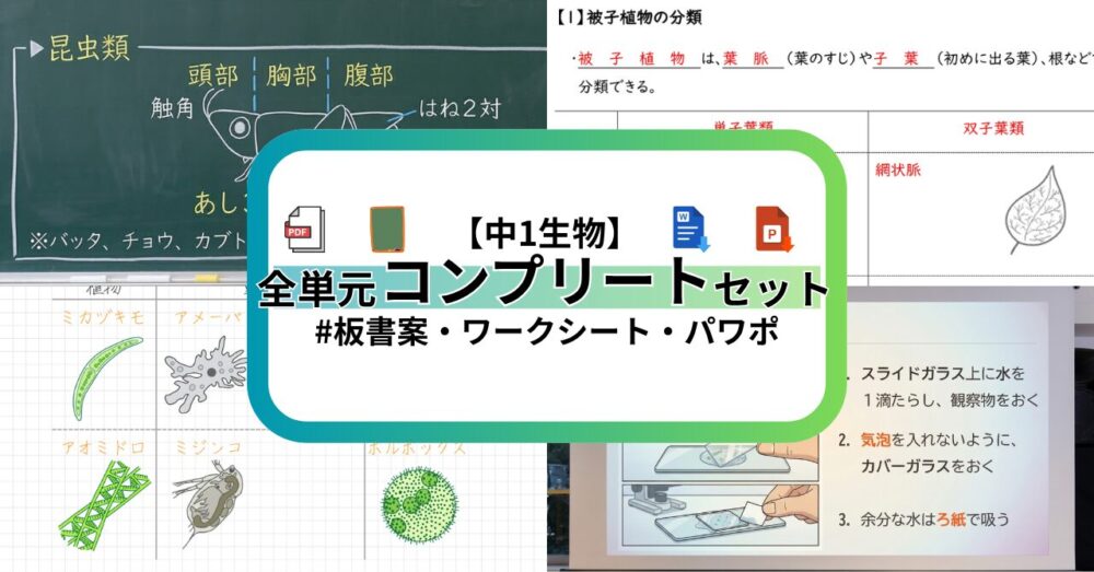 中1理科-生物の全17時間を支える教材コンプリートセット
板書案
ワークシート
パワーポイント
まとめノート