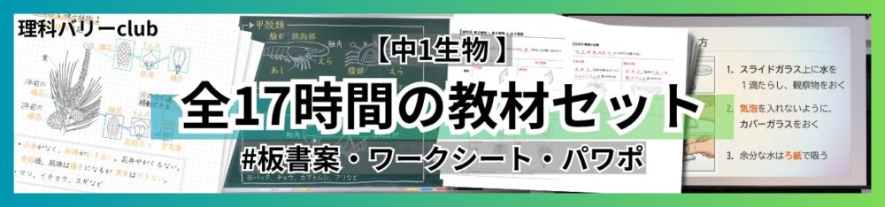 中1理科-生物の全17時間を支える教材コンプリートセット 板書案 ワークシート パワーポイント まとめノート