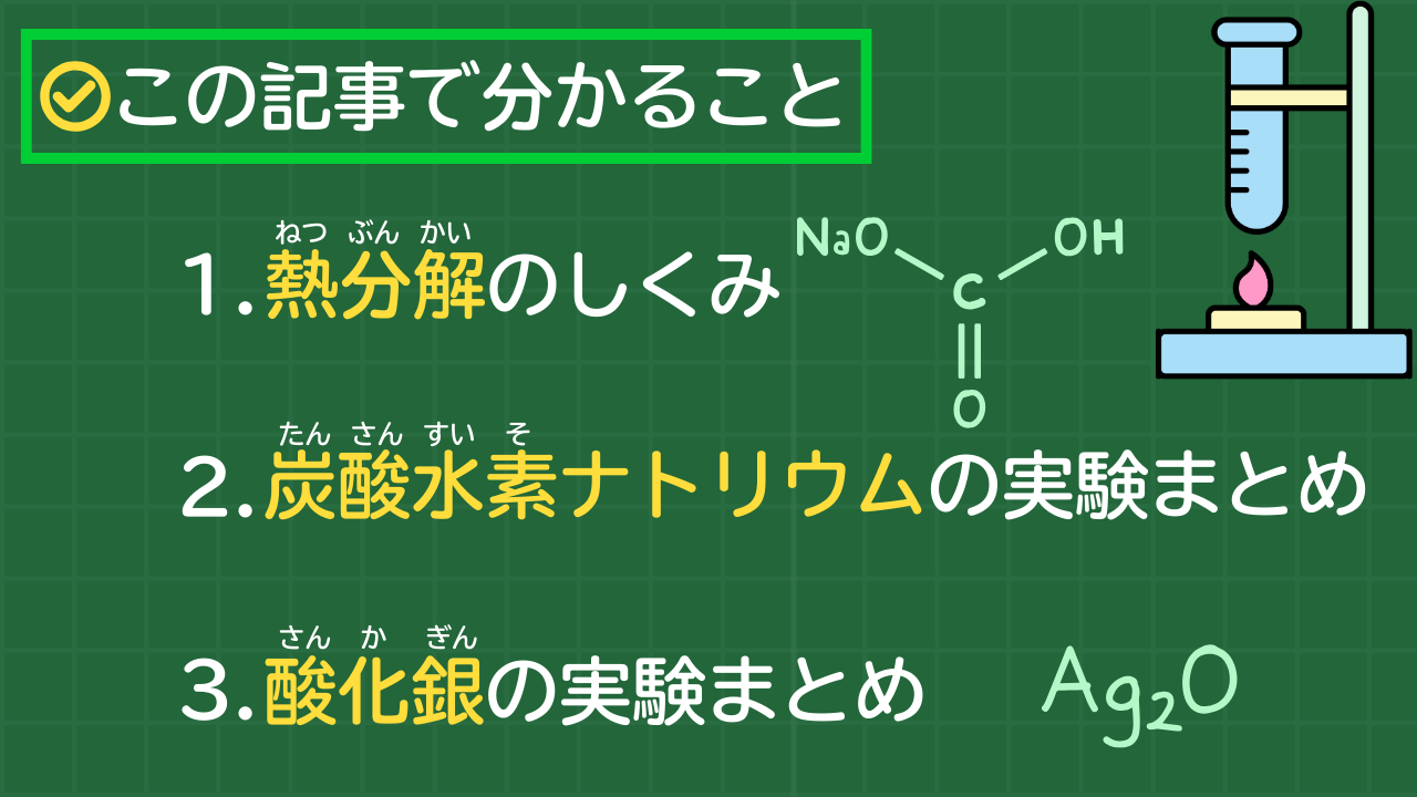 この記事で分かること 1.熱分解のしくみ 2.炭酸水素ナトリウムの実験まとめ 3.酸化銀の実験まとめ