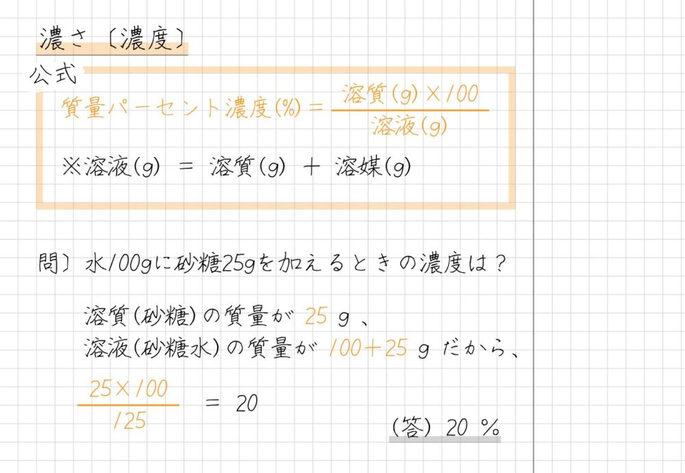 質量パーセント濃度  　質量パーセント濃度(%)＝  　※溶液(g) ＝ 溶質(g) ＋ 溶媒(g)  問〕水100gに砂糖25gを加えるときの濃度は？  　　溶質(砂糖)の質量が 25 g 、　　溶液(砂糖水)の質量が 100＋25 g だから、  　　　　　　　＝ 20　　　　　　　　　　　　　　　(答) 20 ％