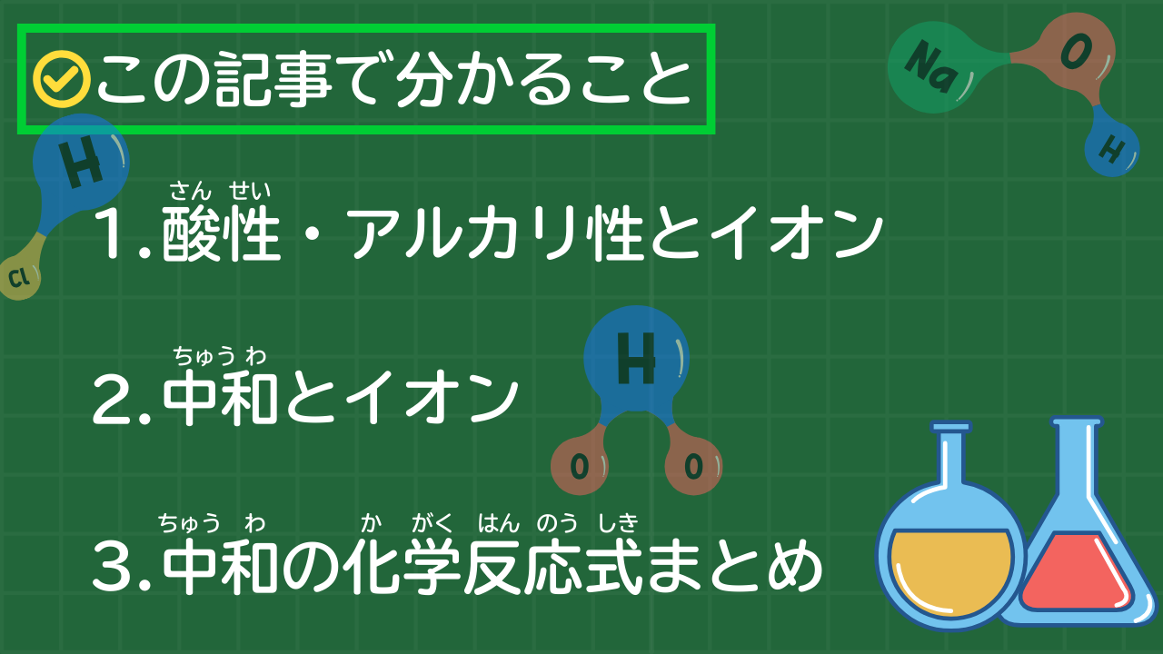 この記事で分かること 1. 酸性・アルカリ性とイオン 2. 中和とイオン 3. 中和の化学反応式まとめ