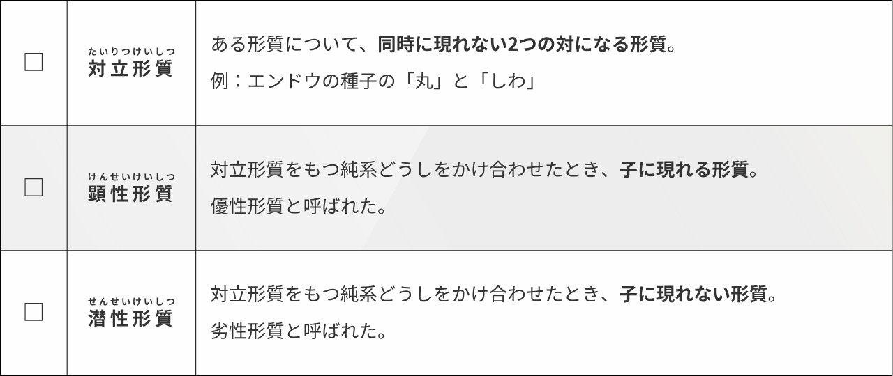 "たいりつけいしつ 対立形質" "ある形質について、同時に現れない2つの対になる形質。 例：エンドウの種子の「丸」と「しわ」" "けんせいけいしつ 顕性形質" "対立形質をもつ純系どうしをかけ合わせたとき、子に現れる形質。 優性形質と呼ばれた。" "せんせいけいしつ 潜性形質" "対立形質をもつ純系どうしをかけ合わせたとき、子に現れない形質。 劣性形質と呼ばれた。" 