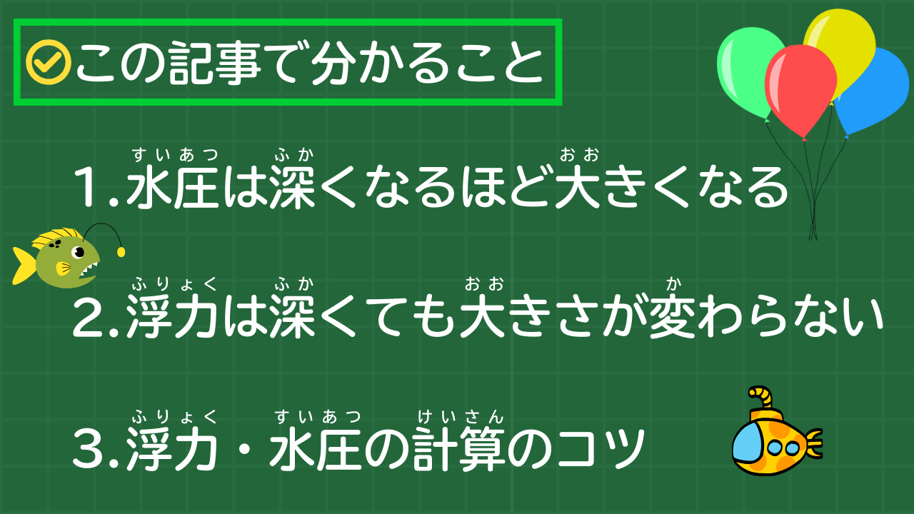 この記事で分かること 1.水圧は深くなるほど大きくなる 2.浮力は深くても大きさが変わらない 3.浮力・水圧の計算のコツ