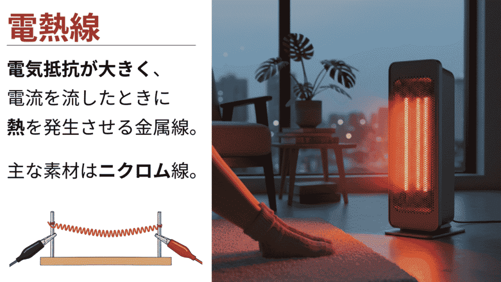 電熱線 電気抵抗が大きく、 電流を流したときに 熱を発生させる金属線。 主な素材はニクロム線。
