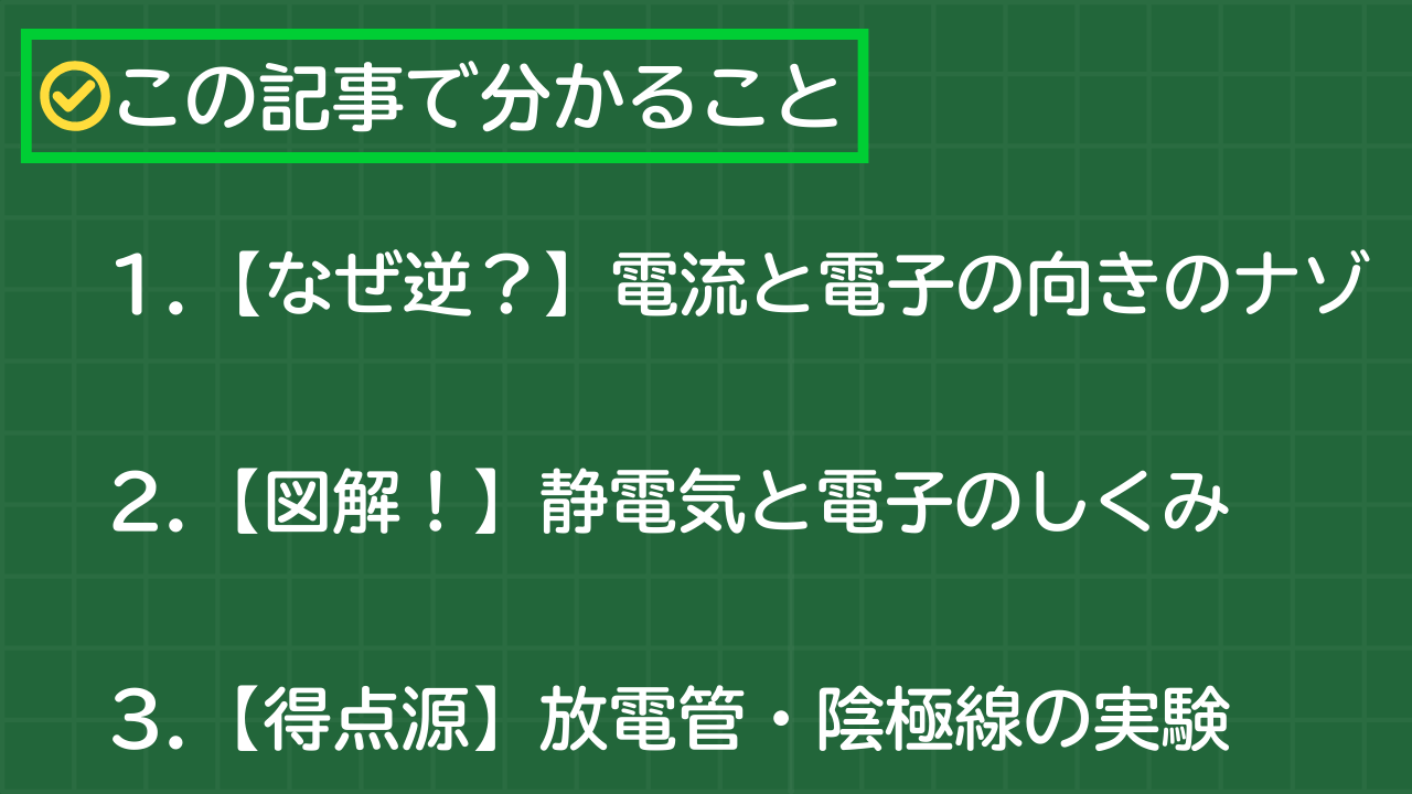 この記事で分かること
1.　【なぜ逆？】電流と電子の向きのナゾ
2.　【図解！】静電気と電子のしくみ
3.　【得点源】放電管・陰極線の実験