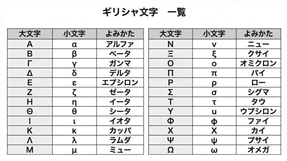 ギリシャ文字一覧表

大文字	小文字	よみかた
Α	α	アルファ
Β	β	ベータ
Γ	γ	ガンマ
Δ	δ	デルタ
Ε	ε	エプシロン
Ζ	ζ	ゼータ
Η	η	イータ
Θ	θ	シータ
Ι	ι	イオタ
Κ	κ	カッパ
Λ	λ	ラムダ
Μ	μ	ミュー
Ν	ν	ニュー
Ξ	ξ	クサイ
Ο	ο	オミクロン
Π	π	パイ
Ρ	ρ	ロー
Σ	σ	シグマ
Τ	τ	タウ
Υ	υ	ウプシロン
Φ	φ	ファイ
Χ	χ	カイ
Ψ	ψ	プサイ
Ω	ω	オメガ